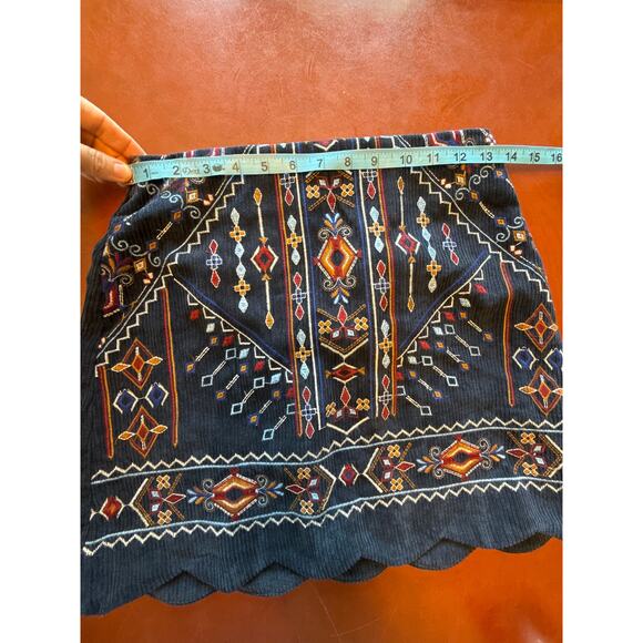 Blue Rain Navy Corduroy Mini Skirt S NWT Scallop Hem Embroidered Geometric - Picture 3 of 6